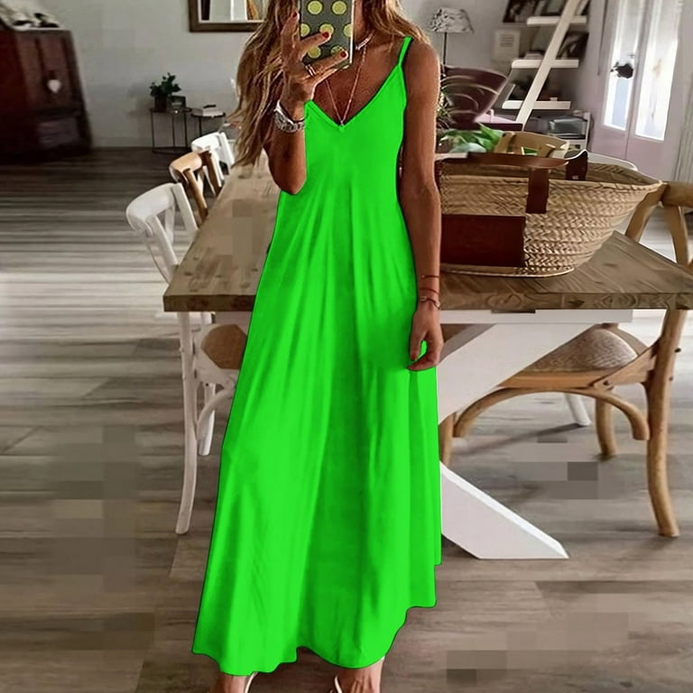 Neon Green Sleeveless Suspender Dress Summer Fashion Casual Long Dress -  Walmart.com