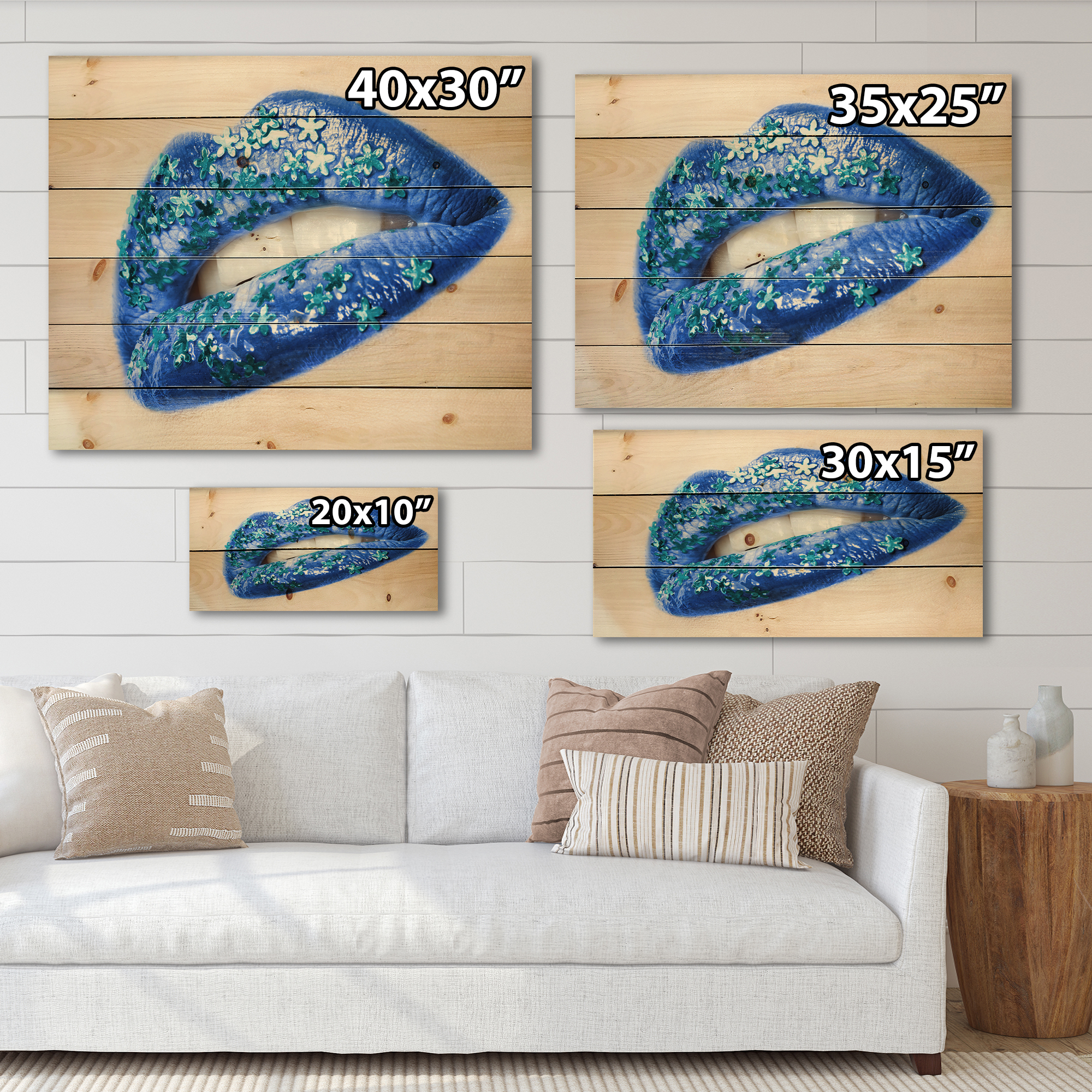 Designart 'Beautiful Woman Lips Blue With Flowers' Modern Print on Natural Pine Wood
