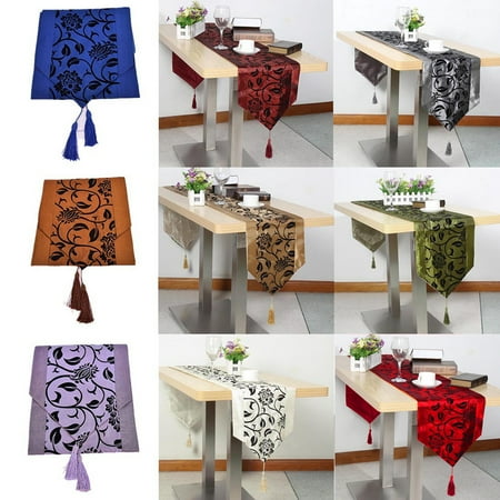 30X200cm Flocked Damask Floral Table Runner Raised Flower Blossom Table Cloth Cover Wedding Xmas Party Holiday Dinner Coffee Kitchen Dining Room Home Desk Decor