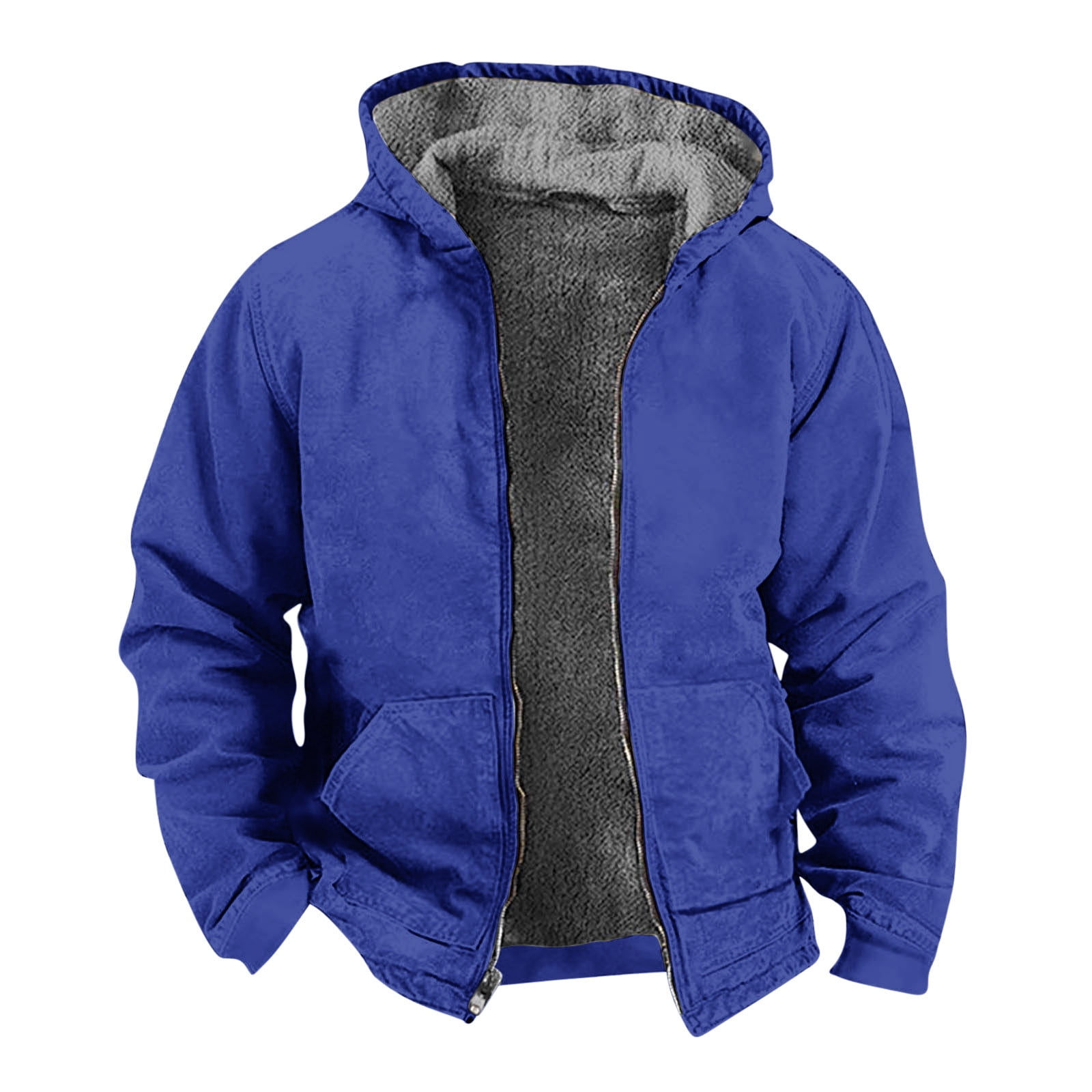 Winter!Brilliant Jackets for Men Puff Men's Winter Long Sleeved Cardigan Pockets Warm Plush Hooded Jacket Fleece Sweater Coat Heavy Weight Blue XXXXXL