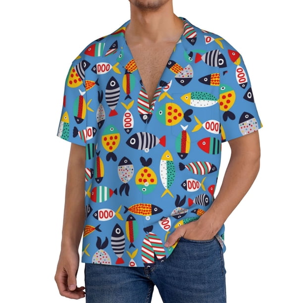 Balery Cute Flat Fish Camisa Casual de Manga Corta con Botones para Hombre, Texturizada, Estilo Cubano, para Playa, Verano-X-Large