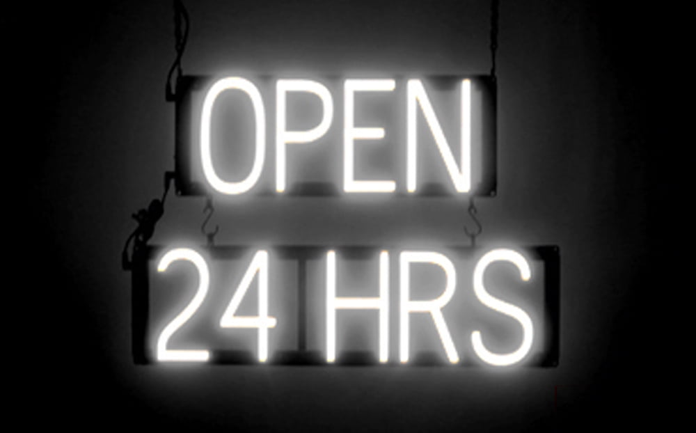 SpellBrite OPEN 24 HRS LED Sign for Business. 16.5" x 15.0" White OPEN 24 HRS Sign Has Neon Sign Look With Energy Efficient LED Light Source. Visible from 500+ Feet, 8 Animation Settings.