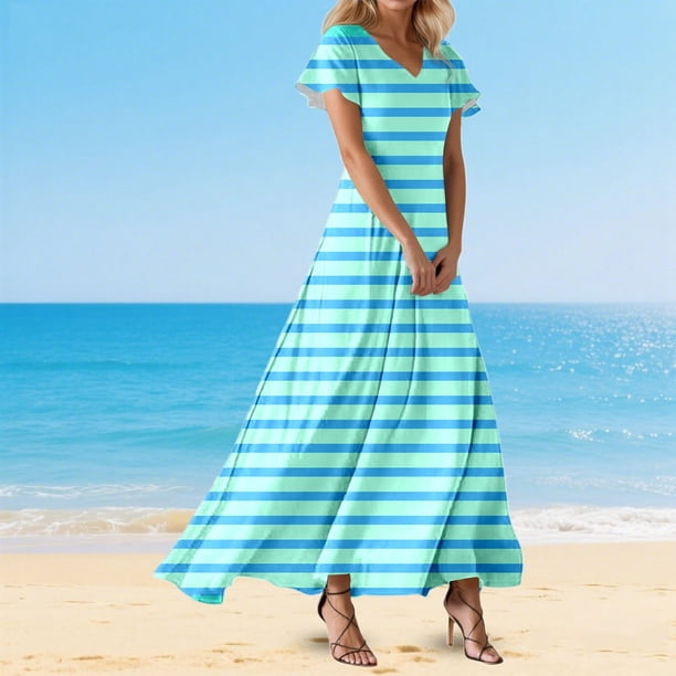 WILLBEST Vestido Largo De Mujer Con Cuello En V, Manga Corta, Cintura Alta, Estilo Bohemio, Para Verano, Vacaciones, Playa, Fluido
