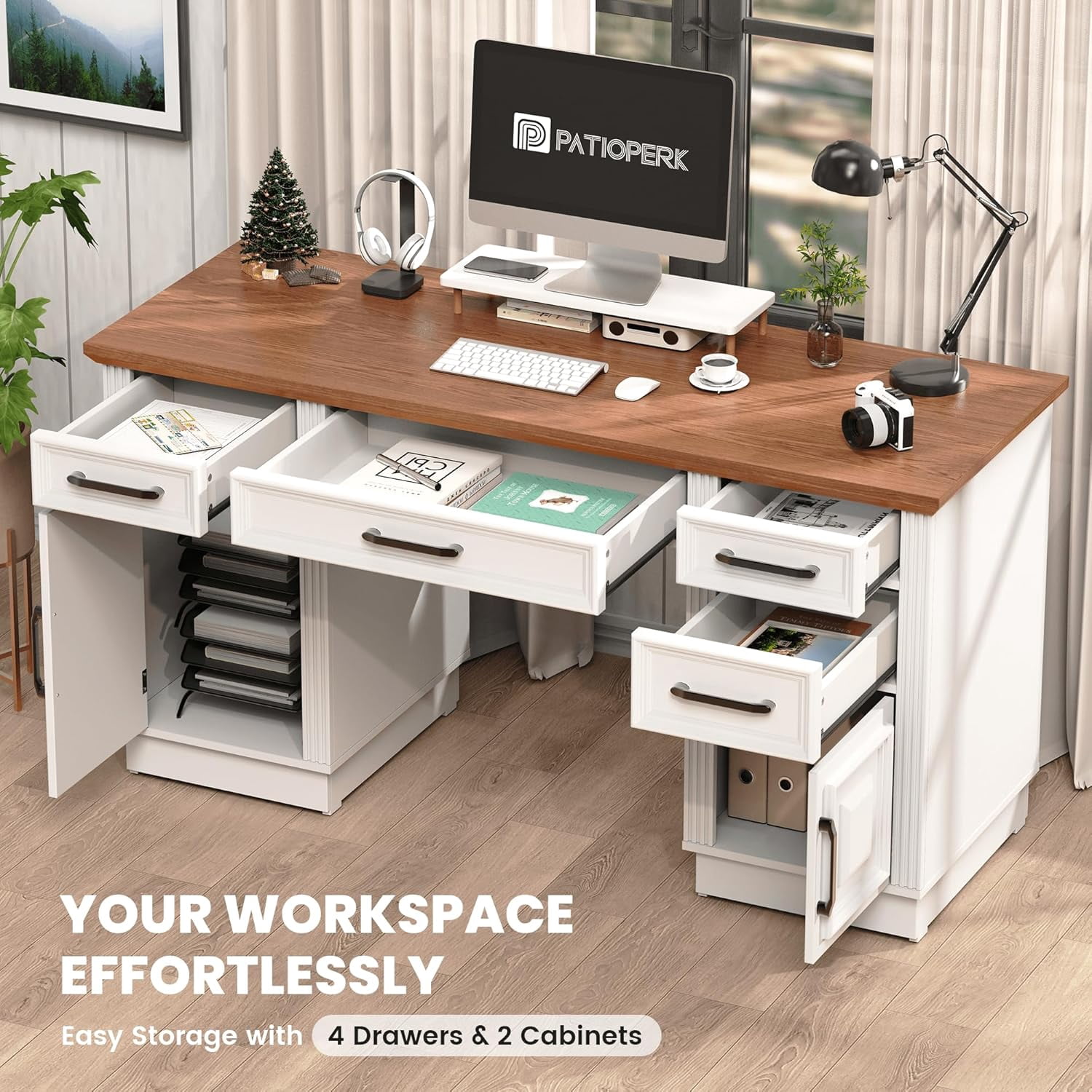 PatioPerk 58" Farmhouse Executive Desk, Wood Home Office Desk with Drawers, Computer Desk with Drawers and Storage Cabinet, Workstation for Office Home, Ivory White