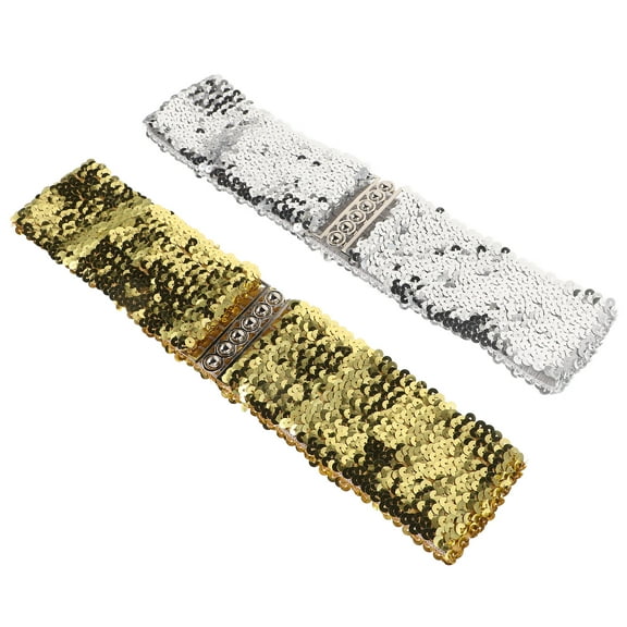 WORGEOUS Sequin Dress Belts 2pcs Wide Waist Belt Elastic Stretch Waist Band Cinch Belt With Buckle For 70s 80s Costume Halloween Disco Party For Women Girls Golden Sliver