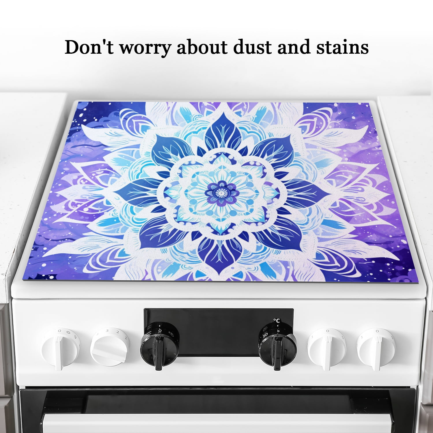 Stove Top Covers For Glasstop Stoves, Mandala Designs in White with Blue and Purple Colors Waterproof Cooktop Protector Mat, Multifunctional Stovetop Cover Pad for Kitchen RV (28×20 Inch)
