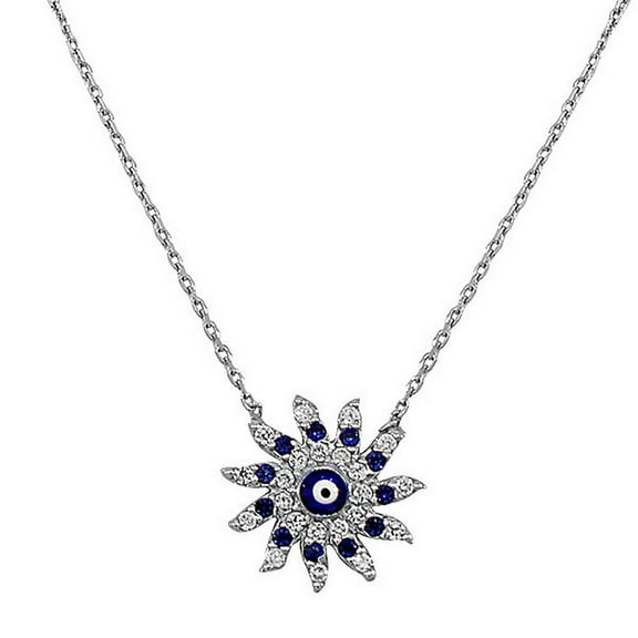 925 Sterling Silver Evil Eye Hamsa Flower Sun White Blue CZ Womens Pendant Necklace
