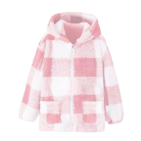 Kids Plaid Plush Coats Zip up Soft Fuzzy Fleece Hooded Jackets Boys Girls Fall Winter Thick Outwear with Pockets