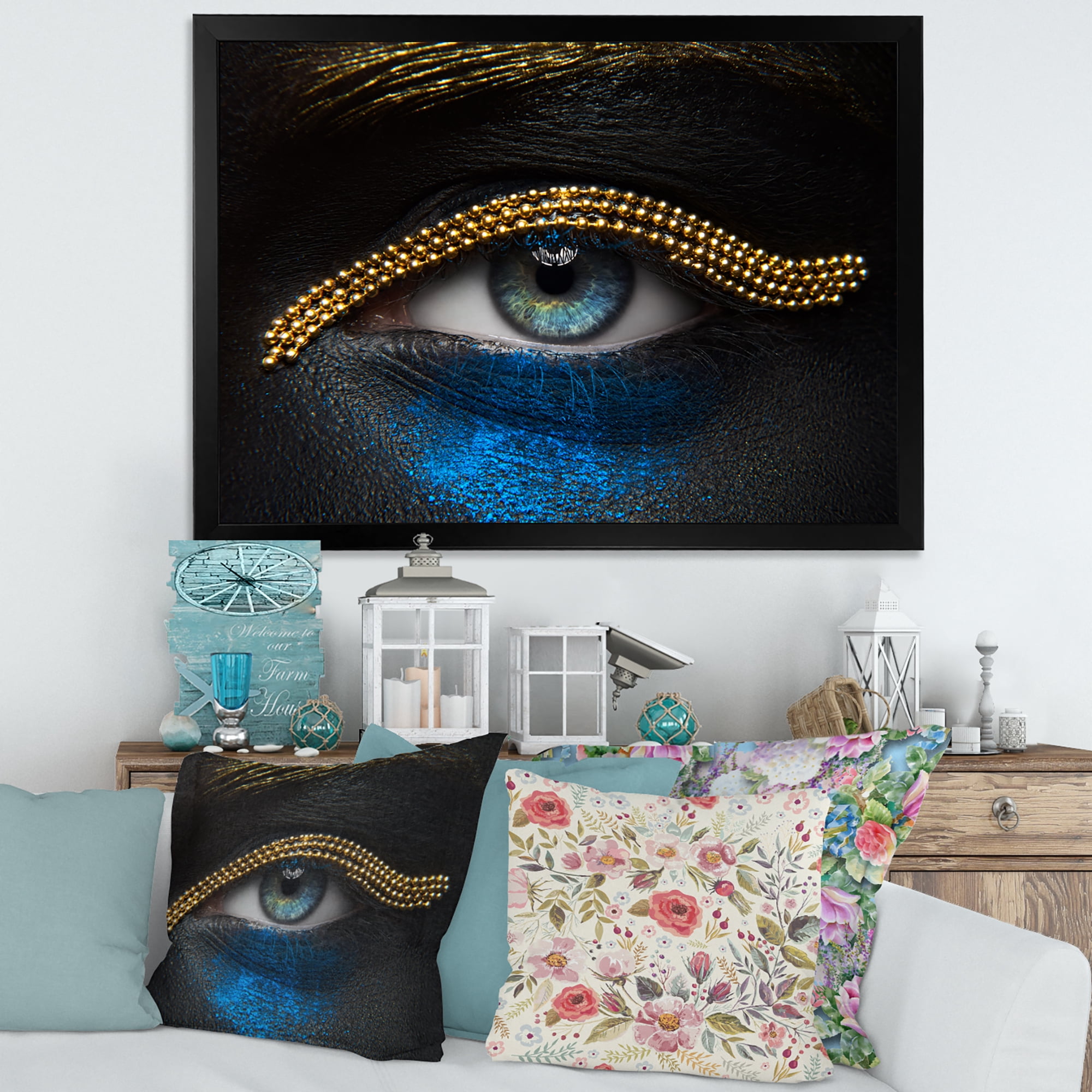 Designart 'Girl Eyes With Gold Chain and Blue Pigment' Modern Framed Art Print