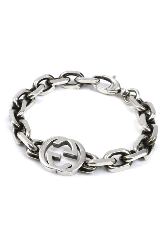 Pre-Owned GUCCI Sterling Silver 925 Interlocking G Bracelet 627068 J8400 0726 43.7g 19.5cm Men's