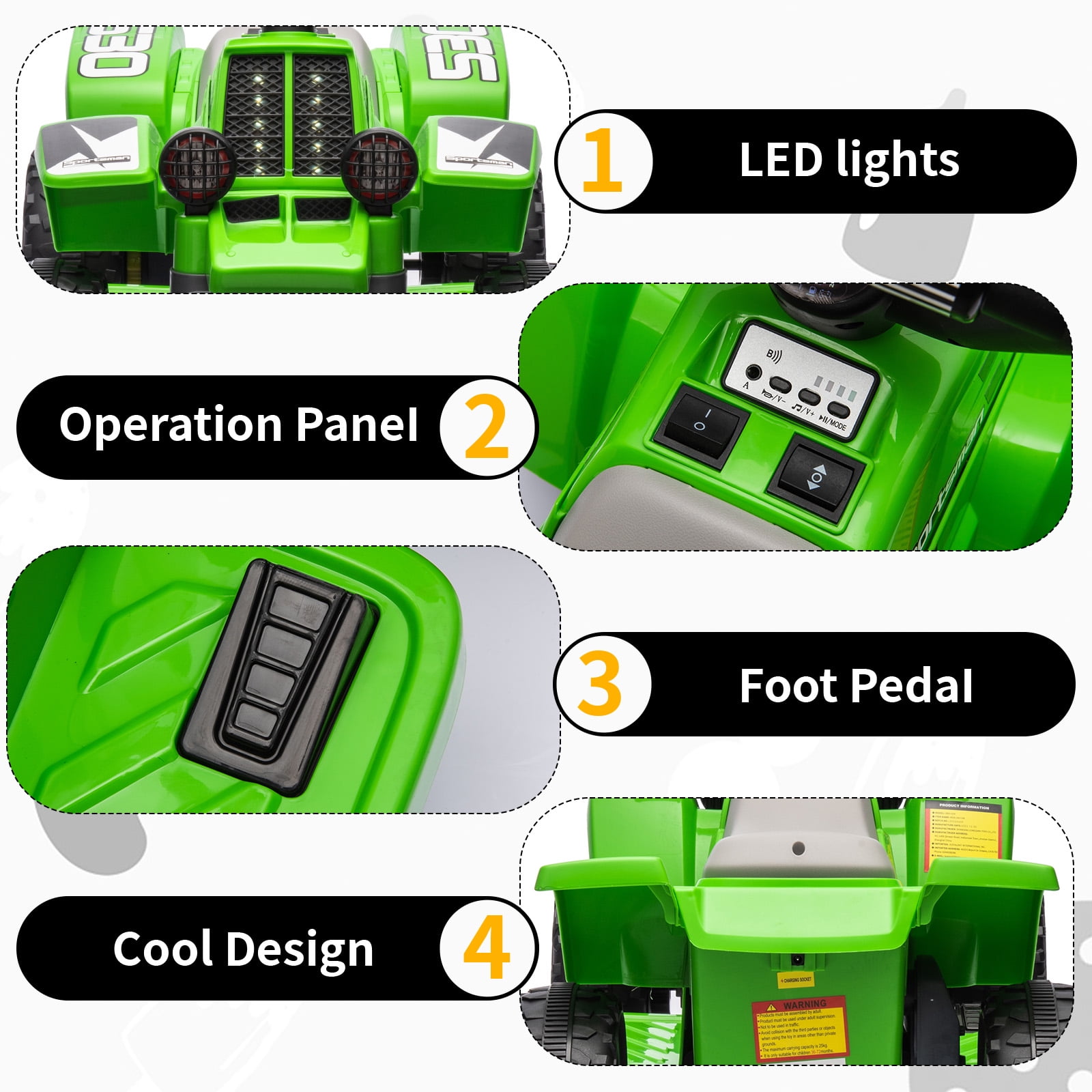 Accreate Kids Ride On ATV, 6V Ride On Car with Led Headlights, Music, Treaded Tires, Rubber Handles, Push-Button Accelerator, forward & Reverse