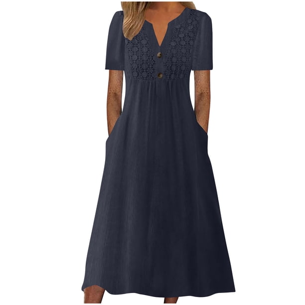 Vestido largo boho de manga corta con cuello en V y bolsillos para mujer: vestido de playa de poliéster con estampado floral para el verano