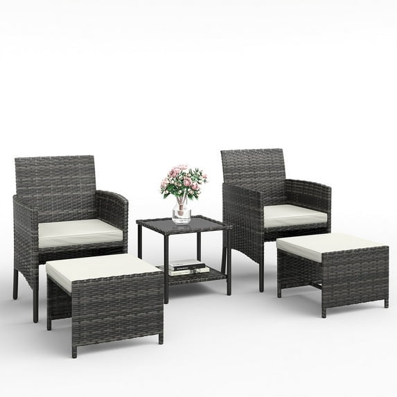 ELPOSUN 5-Piece Outdoor Rattan Patio Furniture Set, Conversation Chair with Side Table & Storage Ottoman for Small Balcony, Porch, Deck, Poolside, Black