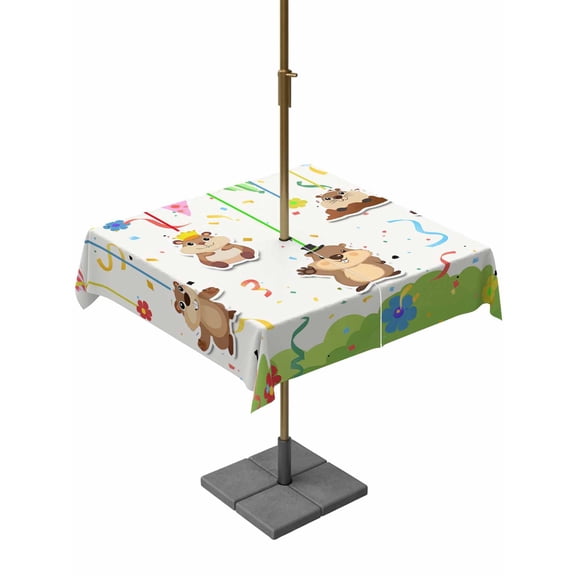 Outdoor Tablecloth with Umbrella Hole for Patio/Picnic/Party/Camping, Groundhog Day Waterproof Table Cloth Square Cover Washable, Bunting Floral Cartoon Funny Colorful Cute (60"x 60")