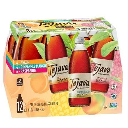 Tejava Black Tea Assortment, 12 ounce (12-Pack) Glass, Unsweetened, Peach, Raspberry and Pineapple-Mango, Ready-to-Drink Premium Iced Tea