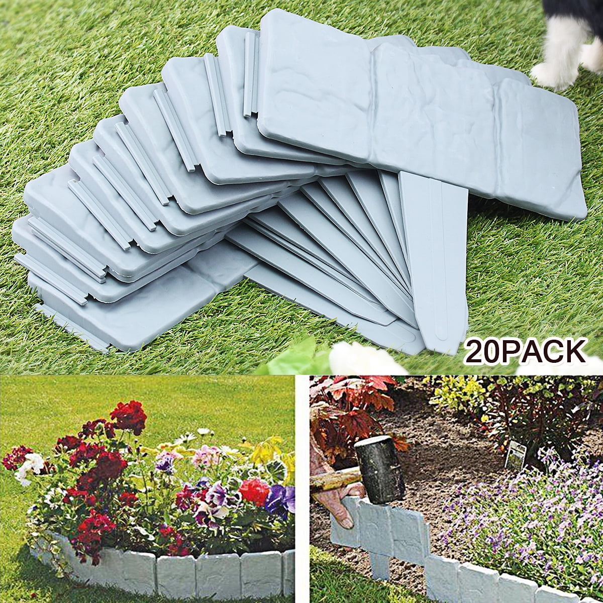 20pcs Home Garden Border Edging Plactic Fence Stone Effect Lawn Yard Flower Bed 