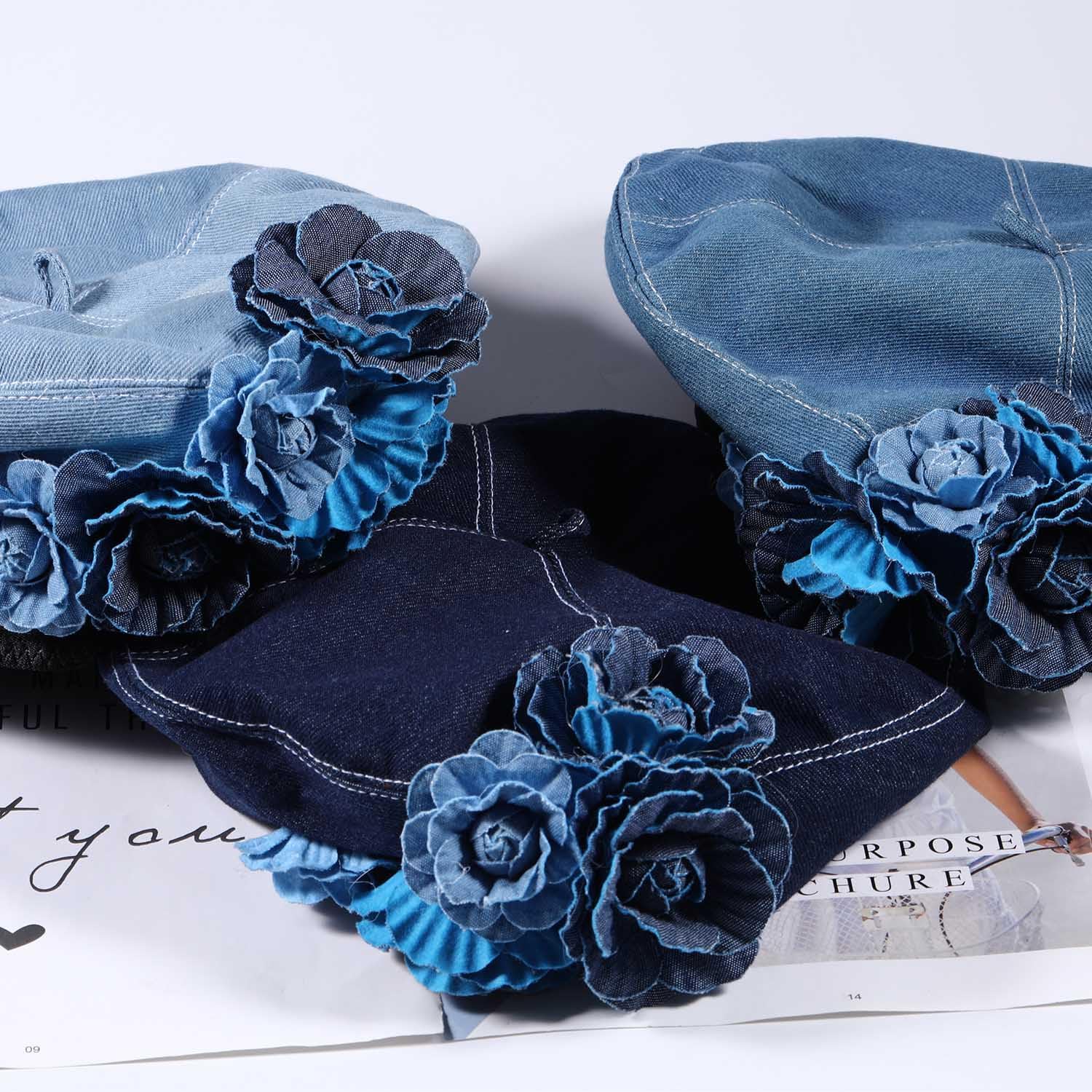 Denim Flower Beret Hat Painter Hat for Women French Hat Artist Hat Casual Sun Hat with Adjustable Strap