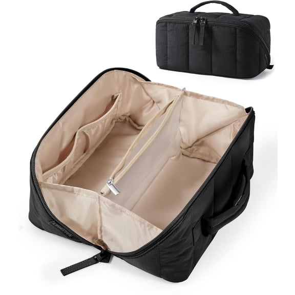 Makeup Bag Cosmetic Bag, Travel Makeup Bag,Water-resistent Makeup Bags for Women Portable Pouch Open Flat Make Up Organizer Bag for Toiletries, Brushes Black