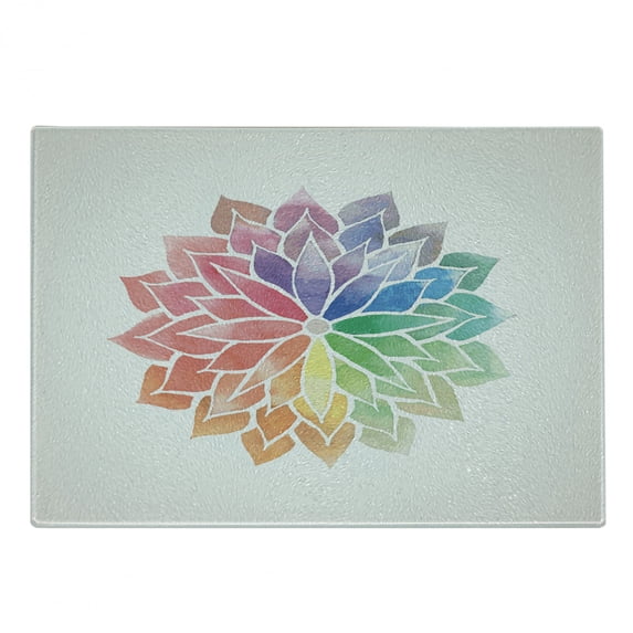 Rainbow Mandala Cutting Board, Watercolor Style Flower Design Petals on Off White Background, Decorative Tempered Glass Cutting and Serving Board, Small Size, Multicolor, by Ambesonne