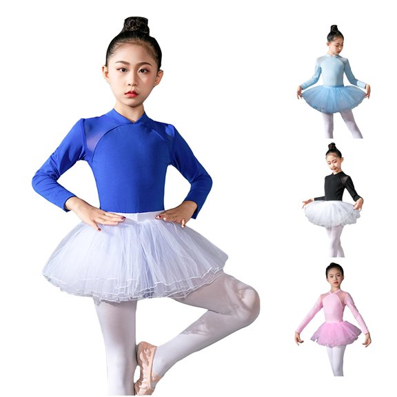 AWZXDE Kid Girls Ballet Dance Dress Lace Long Sleeve Leotards With Removable Tutu Skirt Ballerina Outfit Dancewear Blue,9-10 Years