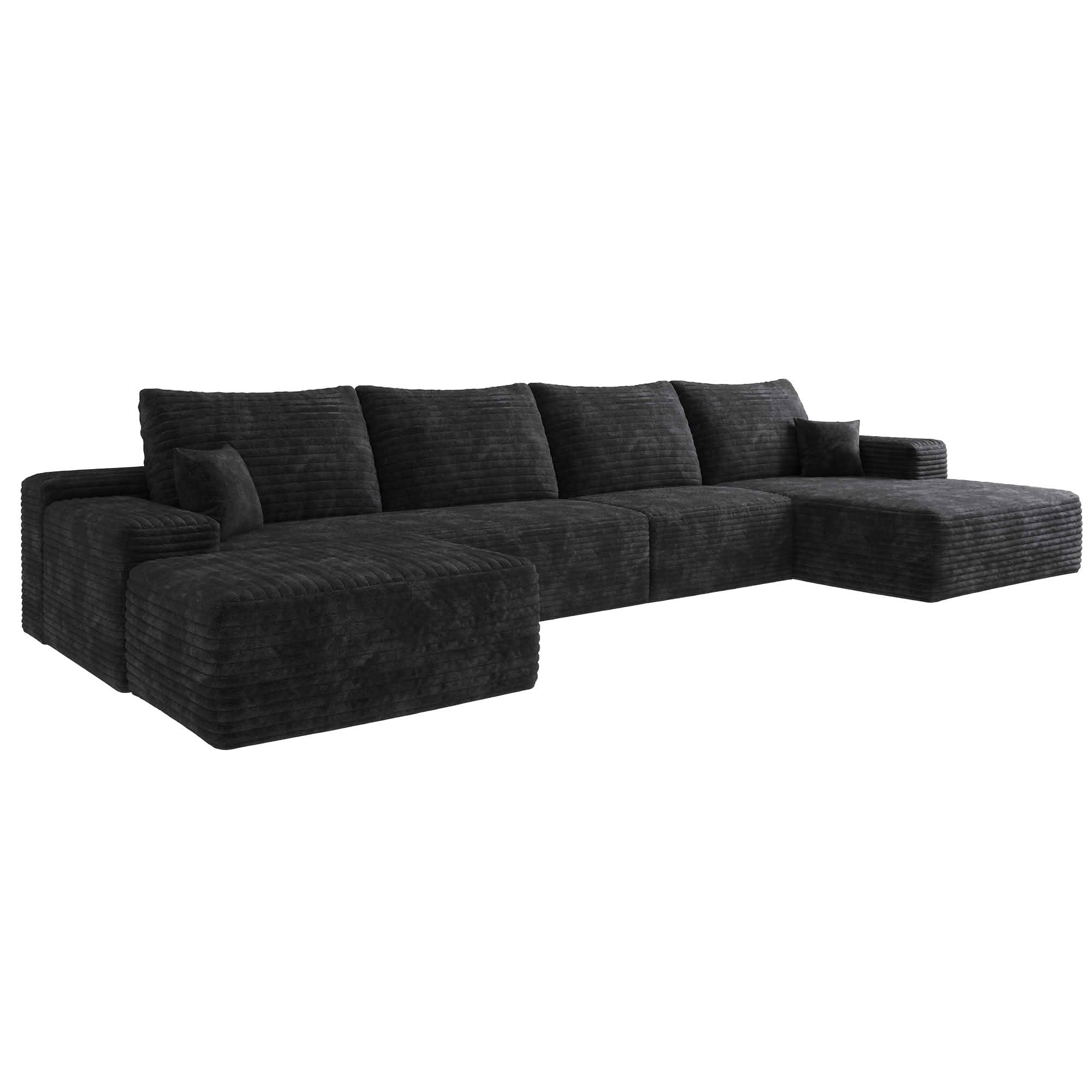 MAYEERTY 135" Cloud Sectional Sofa with Ottoman, U Shaped Deep Seat Couch, Plush Corduroy Fabric, No Assembly Required, Black