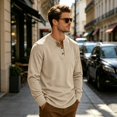 thumbnail image 4 of Oazcsf Mens Long Sleeve Shirts Casual Corduroy Thermal Pullover Sweater Henley Button Lightweight Knit Undershirt Winter Warm Big and Tall Men's Tops, 4 of 8