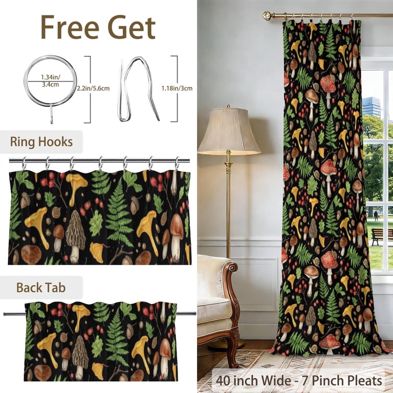 Mushroom and Acorn Black Pattern Pinch Pleated Blackout Curtains ...