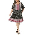 thumbnail image 3 of Agnes Orinda Women's Plus Size Boho Floral Dresses Flowy Tie Crew Neck Short Sleeve Summer Beach Casual Midi Sun Dress 2X Black, 3 of 7