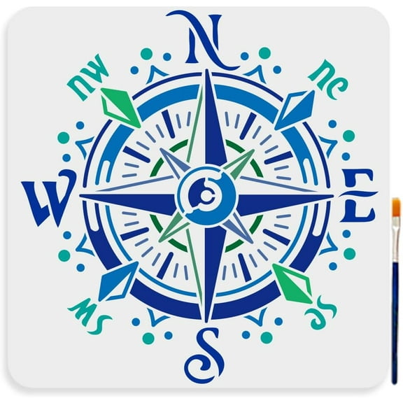Compass Stencil 11.8×11.8inch Large Compass Rose Stencil Template with Paint Brush Reusable Nautical Journey Travel Tool Stencil for Painting on Furniture Wood Canvas Paper Wall