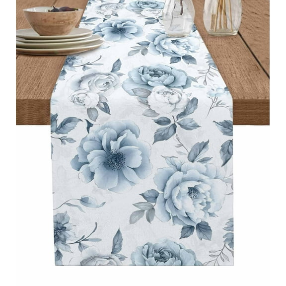 Blue White Floral Table Runner Cotton Linen 48 Inch Holiday Dresser Scarves, Farmhouse Garden Flowers Botanical Tablerunner for Kitchen Coffee Dining Bedroom Living Room Dinner Scarf Décor 13''x48''