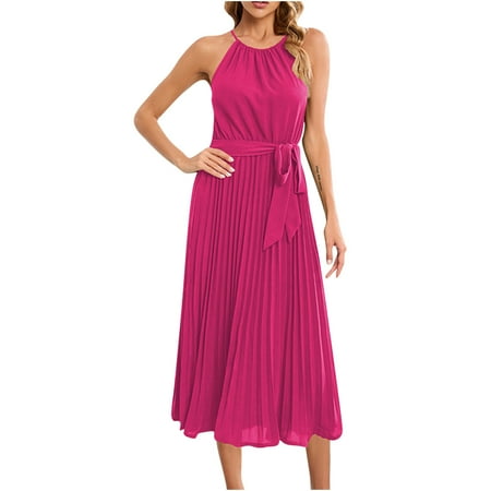 

Zkozptok Dresses for Women 2023 Summer Casual Halter Neck Dress Sleeveless Belted Swing Pleated Beach Dresses Hot Pink S