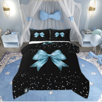 Manfei Kid Blue Bow-tie Bedding Comforter Set, Mystic Sequin Print Twin Comforter Sets, Vintage Ribbon Bowknot Reversible Bedding Set, Super Cozy Room Decor, 2-Piece