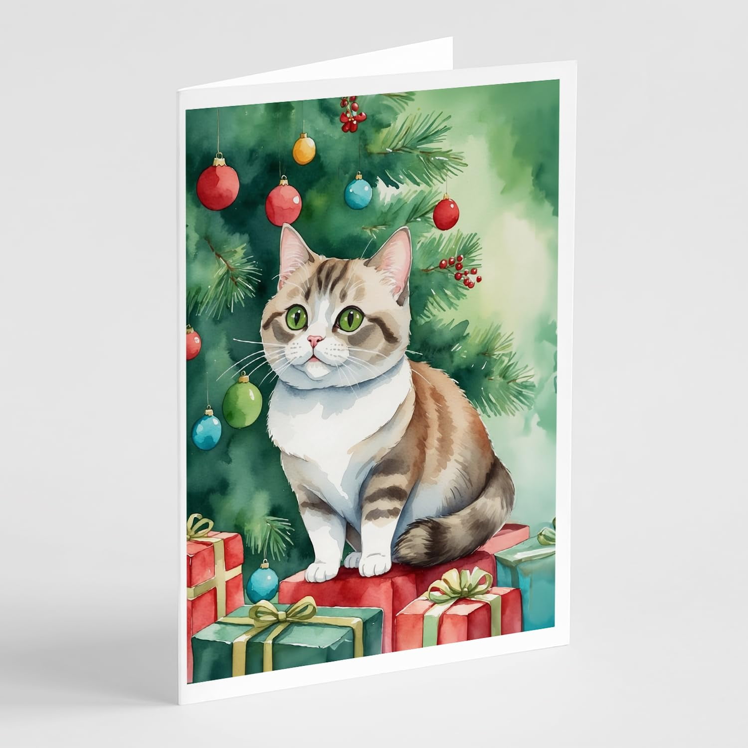 Carolines Treasures DAC7234GCA7P 5 x 7 in. Munchkin Cat by the Christmas Tree Greeting Cards - Pack of 8