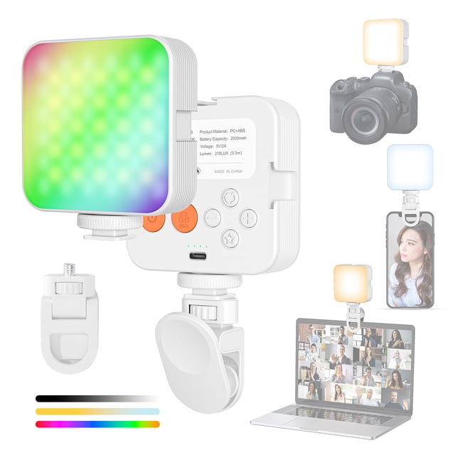 yeacher XJ75 Portable RGB LED Video Light with Adjustable Brightness (3000K-6500K) for Streaming, Photography, and Video Calls - Includes Clip, Cold Shoe Mount, and Built-in Battery - White