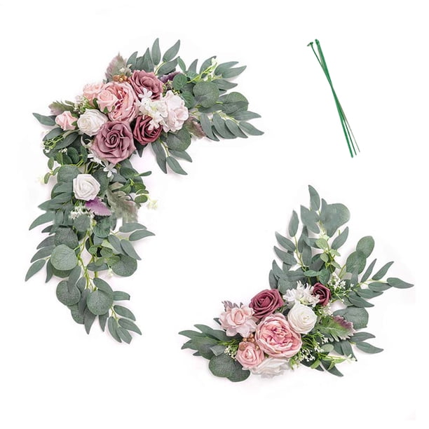 Simulación de boda Arco Flor Triángulo Floral Fondo de escenario de boda Flores decorativas (tamaño grande 50x30 cm, tamaño pequeño 35x25 cm) tela de seda + material plástico, A8 (viene con tres lazos