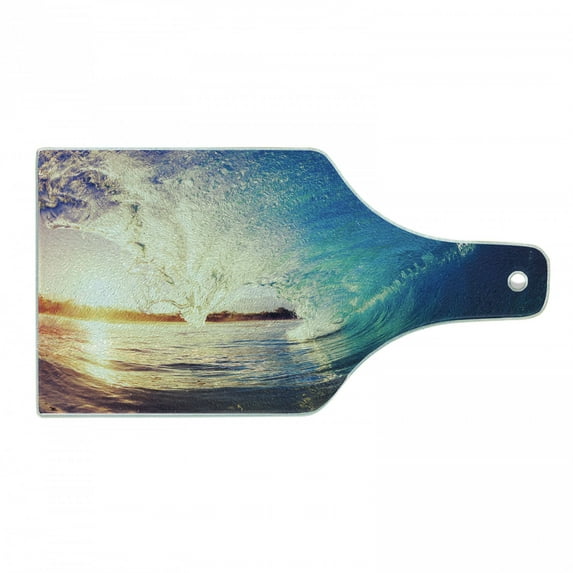 Ocean Cutting Board, Sunrise on Waves Surfer Perspective Surreal Coastal Sports Lifestyle Scene, Tempered Glass Cutting and Serving Board, Wine Bottle Shape, Pale Mauve and Blue, by Ambesonne