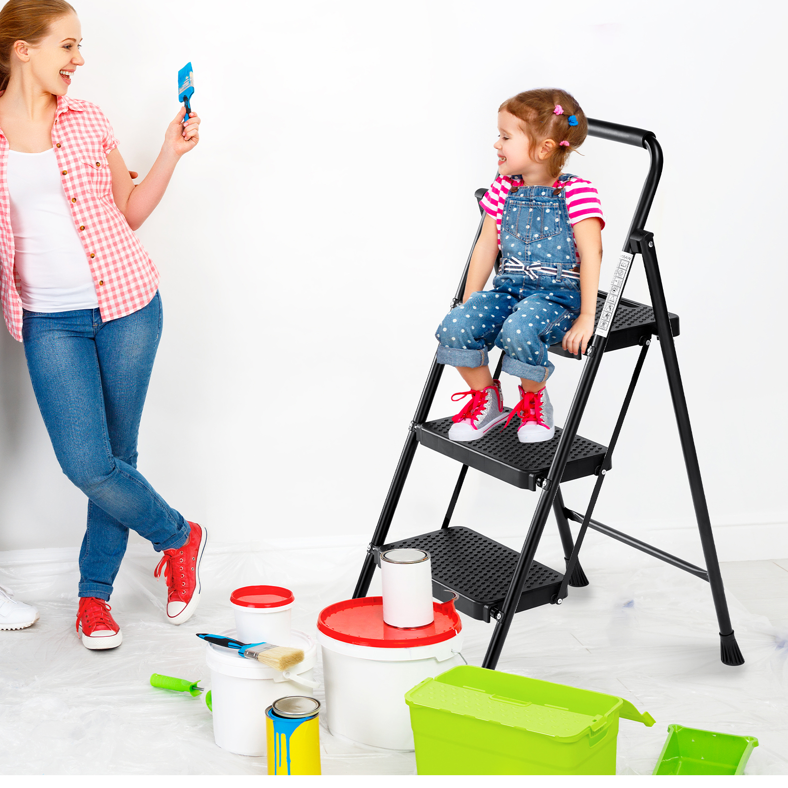 JIOABL 3 step ladder with Non-Slip Pedals and Comfortable Handrails - Portable Steel Ladder with 800 lbs Capacity - Ideal for Kitchen, Garage, and Outdoor Use -Black