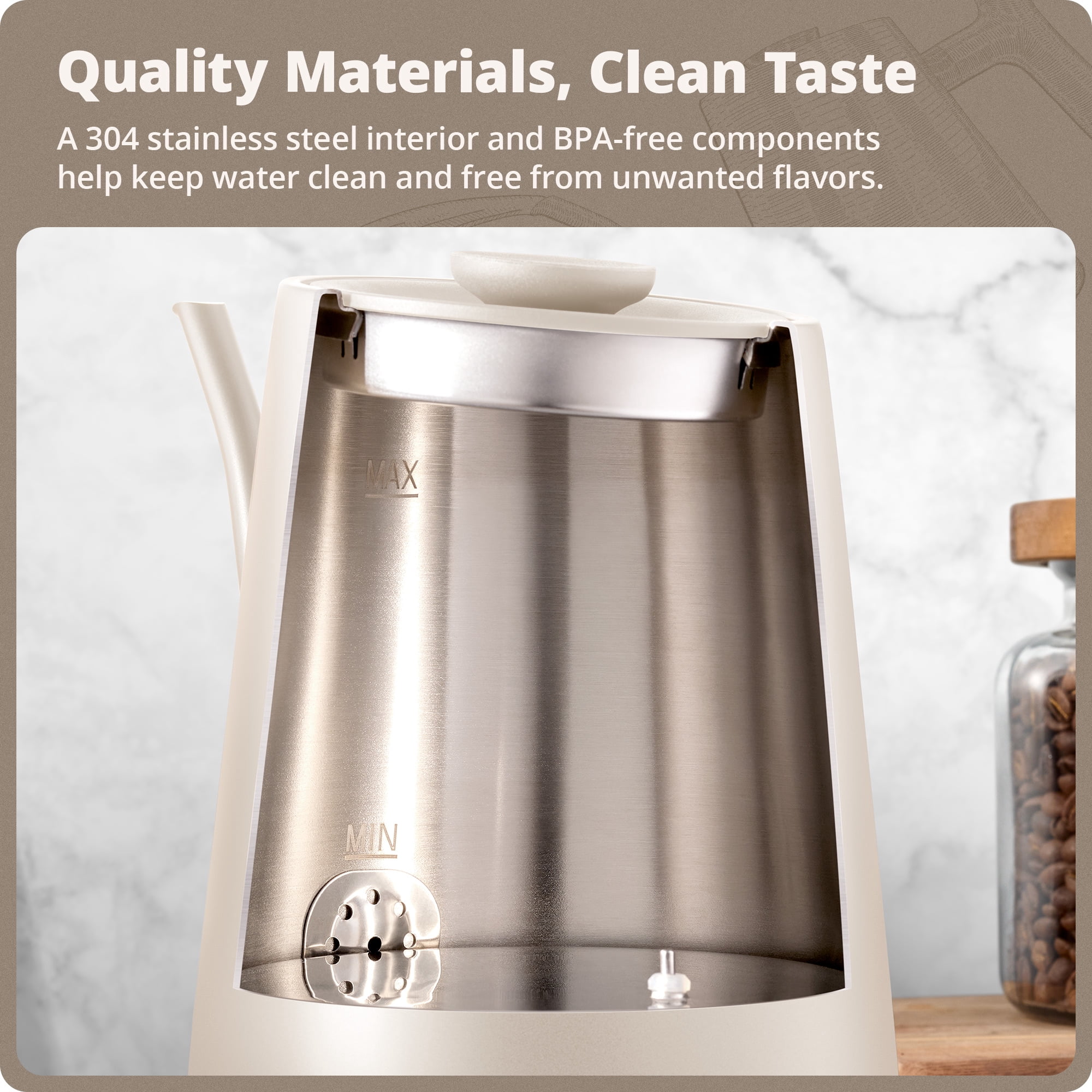 Greater Goods 0.8L Electric Gooseneck Kettle, Variable Temp Control, 1200W Fast Boil, Pour Over Coffee & Tea Kettle, Stainless Steel, BPA Free, Birch White