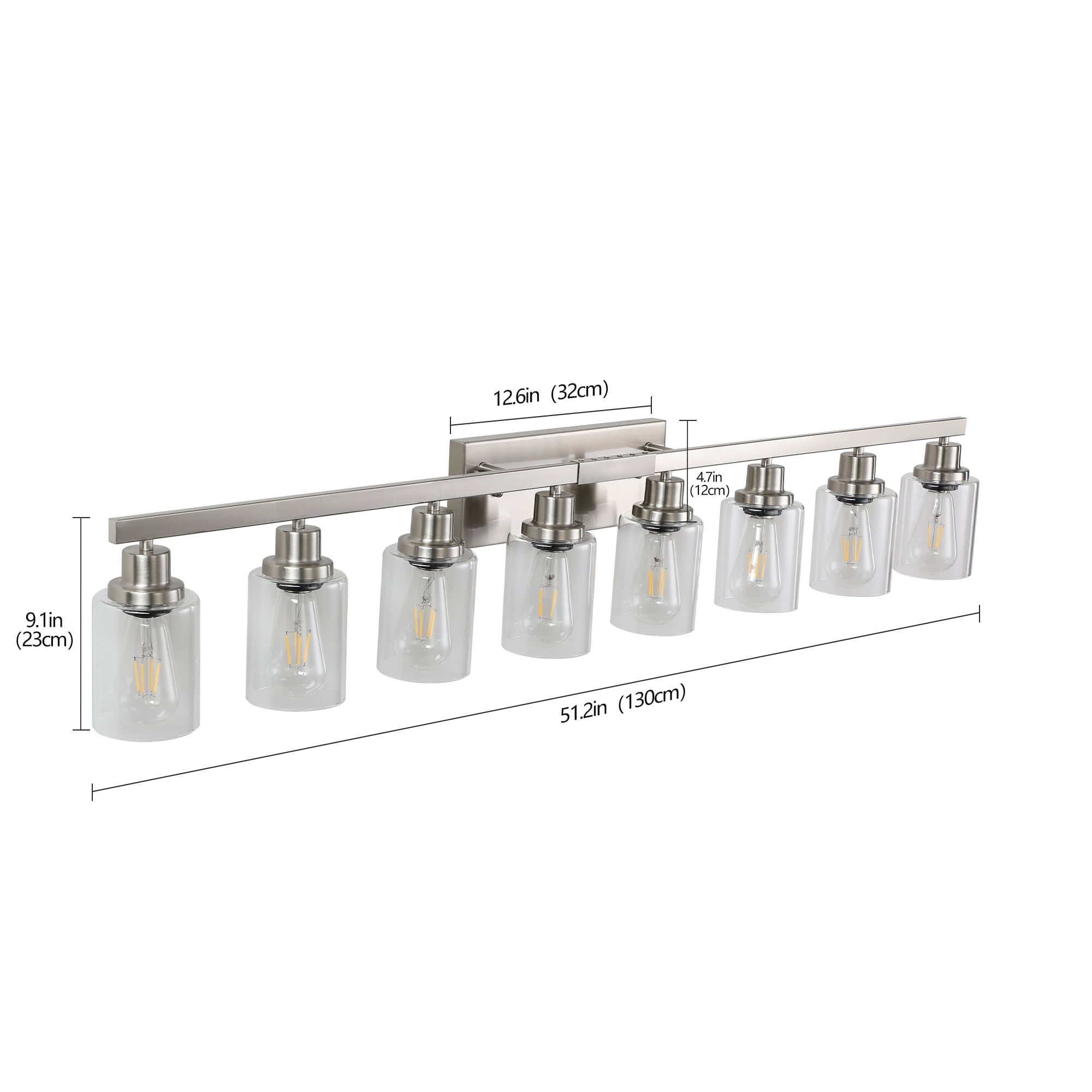 8 Light Brushed Nickel Modern 51.2in Bathroom Vanity Light with Clear Glass Shade, Bathroom Lighting Fixtures Over Mirror