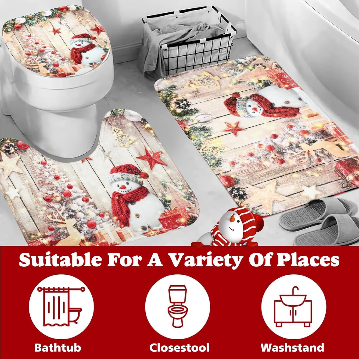 FRAMICS Christmas Snowman Shower Curtain Sets with Rugs, 16 Pc Xmas Tree Wood Barn Door Bathroom Sets, Rustic Winter Waterproof Fabric Bathroom Decor with Hooks