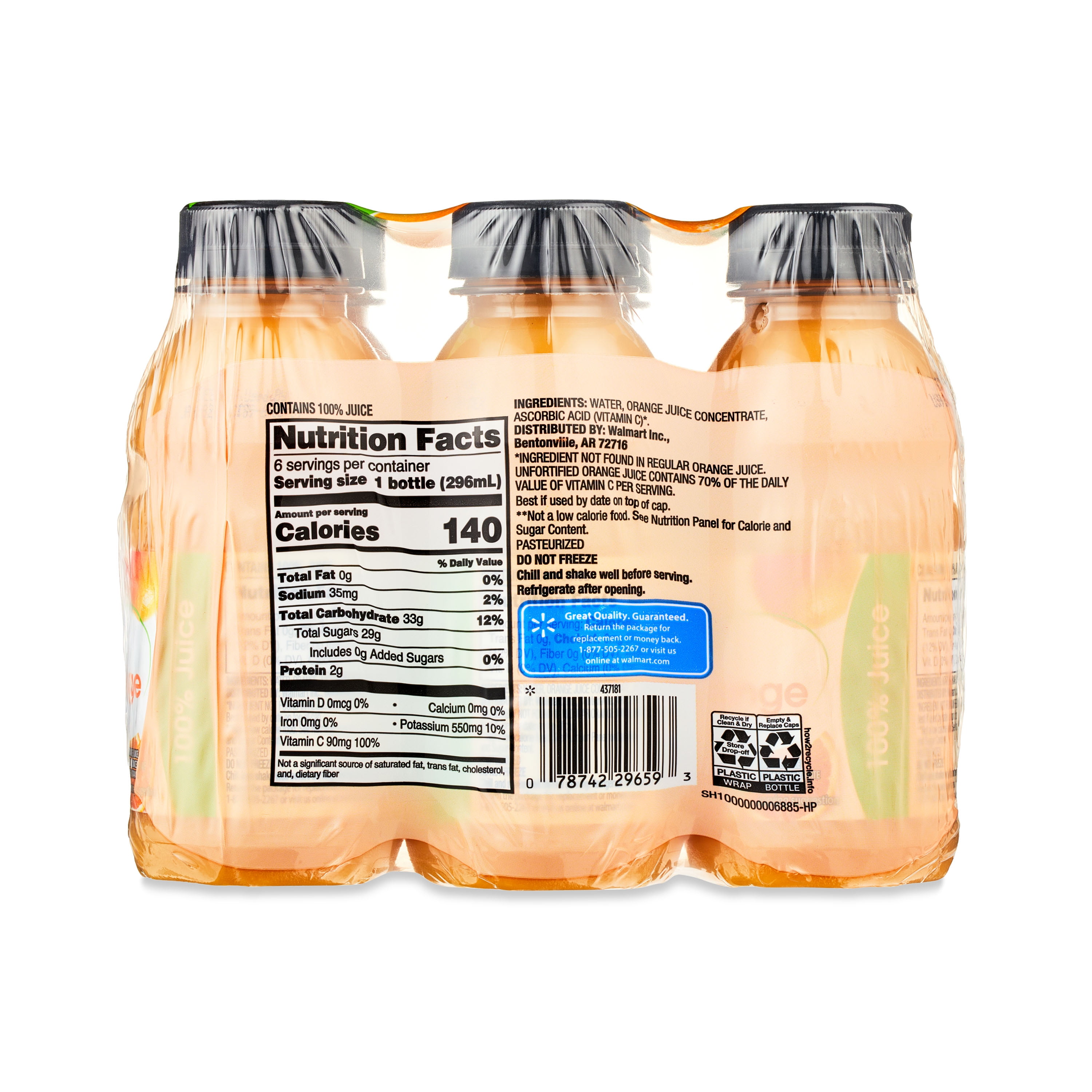 Great Value 100% Orange Juice Six-Count Pack, 10 fl oz Single