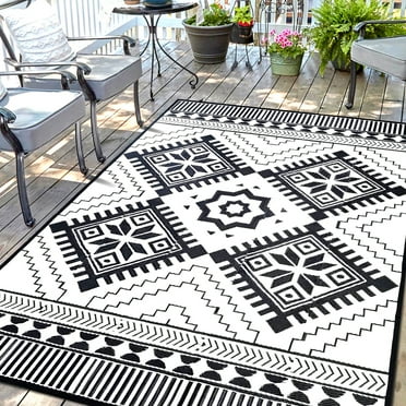 Outdoor Rugs for Patio 6x9ft, Reversible Plastic Straw Rug, RV Camping Waterproof, Portable Carpet Area Rug for Camping, Deck Garden, Porch and Balcony, Black & White, Bohemia