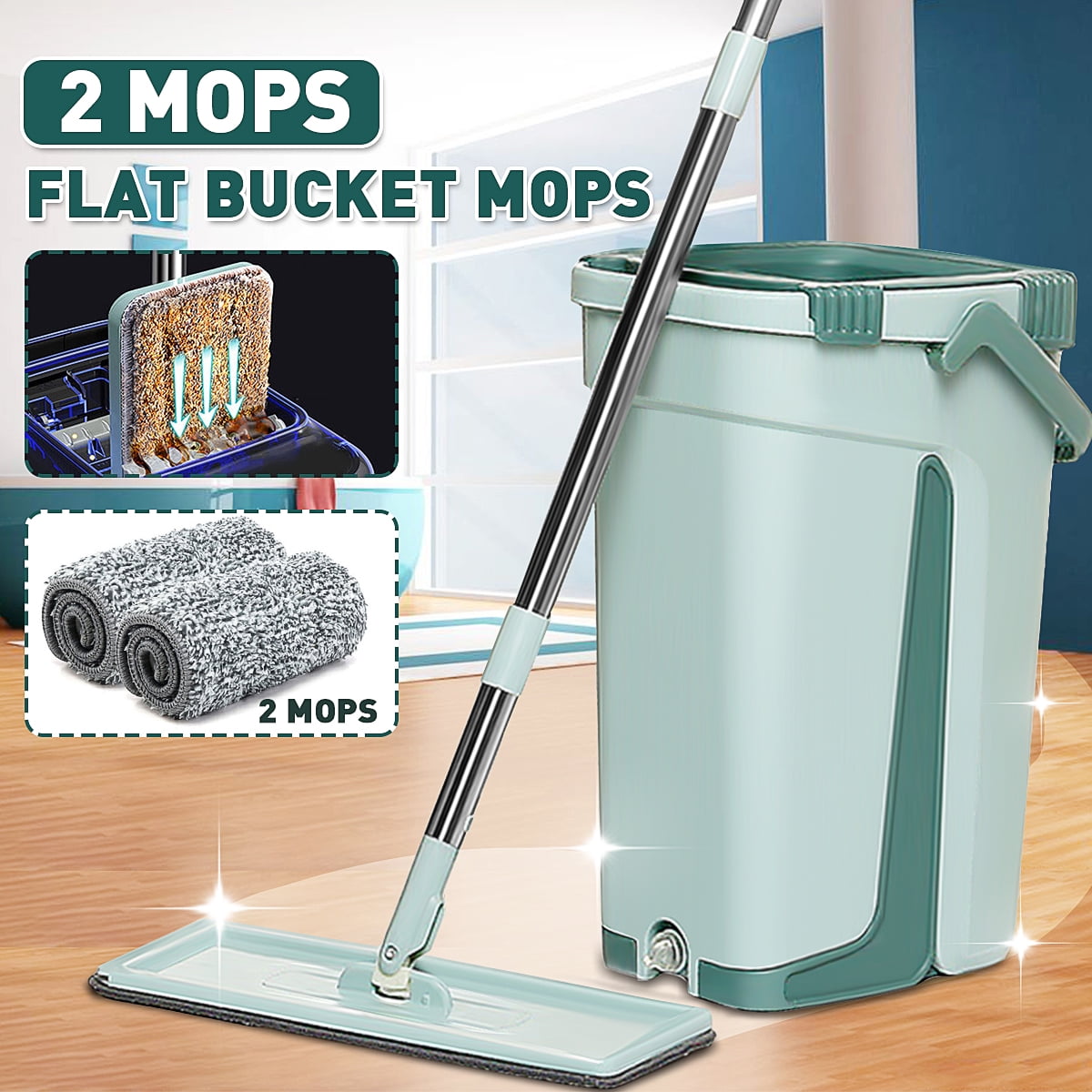 Self Cleaning Flat Mop & Bucket Set with 2Pcs Reusable Microfiber Mop