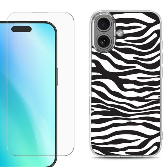 For iPhone 16 Phone Case Cover, Shockproof Case with Tempered Glass Screen Protector, by OneToughShield - Zebra B/W