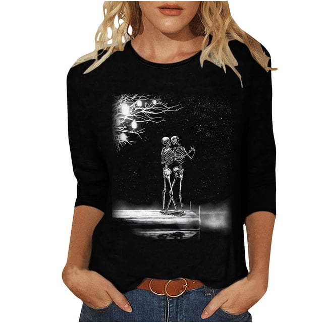 Camisas Para Mujer Camiseta Estampada de Moda Blusa de Manga 3/4 de Longitud Media Cuello Redondo Tops Casuales Odeerbi ODB128955