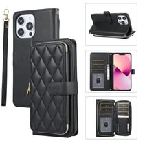 YEYKX Wallet Case for iPhone 12 Pro Max 6.7inch with Wrist/Shoulder Strap, 9 Card Slots Zipper Purse Luxury Leather Stand Checkered Cell Phone Cover,Black,For iPhone 12 Pro Max