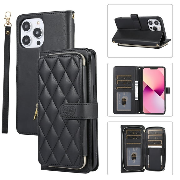 YEYKX Wallet Case for iPhone 12 Pro Max 6.7inch with Wrist/Shoulder Strap, 9 Card Slots Zipper Purse Luxury Leather Stand Checkered Cell Phone Cover,Black,For iPhone 12 Pro Max