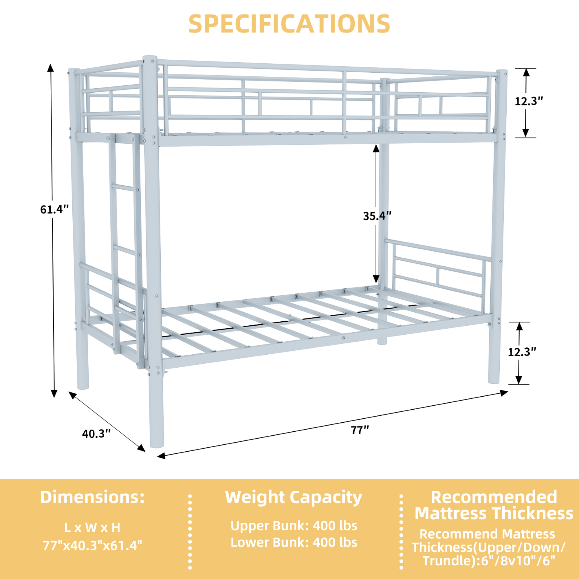 Leumius Twin Over Twin Bunk Bed for Kids Boys Girls, Metal Bunk Bed with Ladders & Guardrail,Convertible 2 Beds,Silver