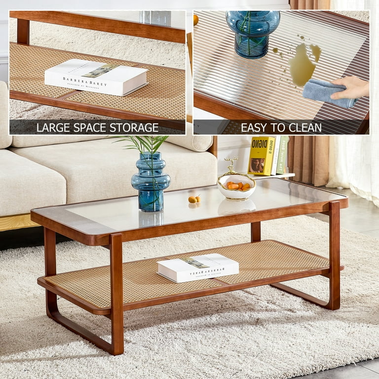 Modern Rattan Woven Tea Table with Solid Wood Glass Desktop Chinese Simple Rectangle Double Layer Side Table Solid Wood Coffee Table for Dining