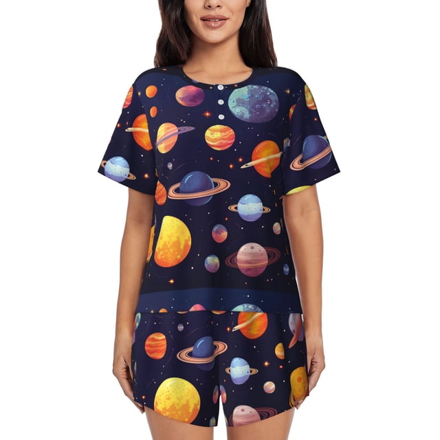 Xecao Space Planet Pattern Women's Short Sleeve Pajama Set Soft Sleepwear Lounge Set with Button Front Top and Drawstring Shorts with Pockets-XX-Large